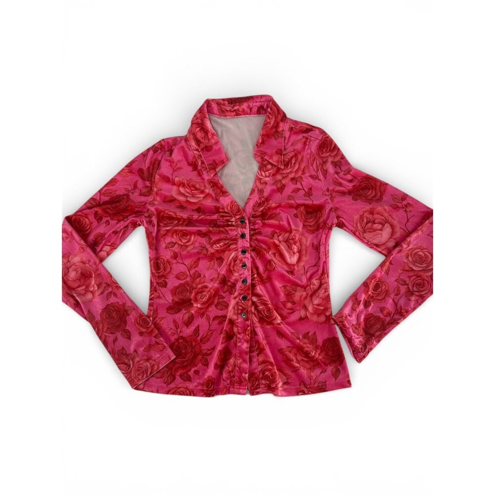 NWT Y2K Pink Rose Floral Ruched Peplum Blouse Coquette L 🌹